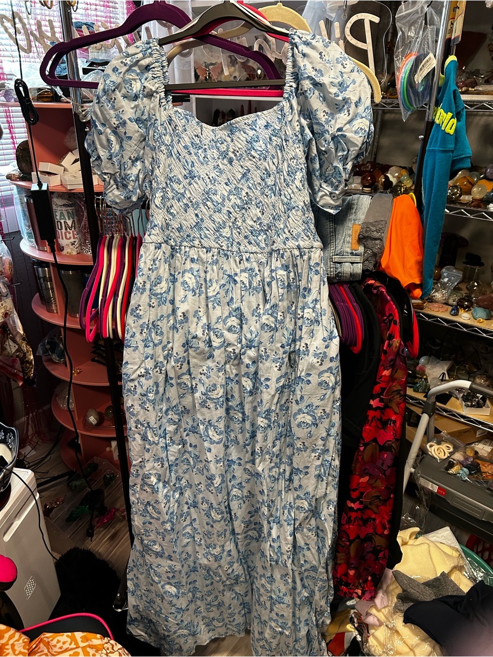 Source Unknown Light Blue Floral Puff-Sleeve Maxi Dress